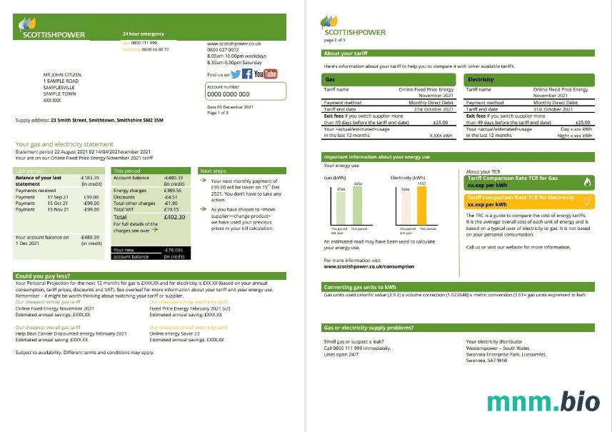 Szablon rachunku za media USA ScottishPower w formacie Word i PDF (3 strony) 1 2